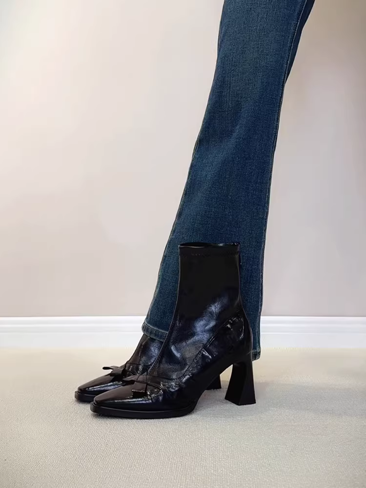 Phiên bản da cừu ~ Giày bốt da thật đa năng kiểu Anh dành cho nữ với mũi vuông nhỏ, nơ, khóa kéo phía sau, bốt ngắn cao gót