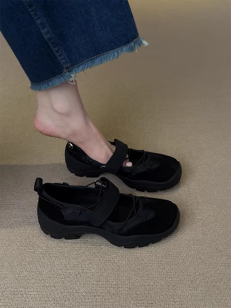 Phiên bản da cừu ~ Giày đi bộ thể thao đa năng dành cho nữ có khóa dán, giày Mary Jane nông bằng da lộn da thật, giày đơn đa năng.