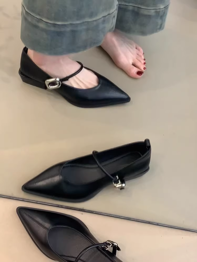 Phiên bản da cừu ~ Giày Mary Jane mũi nhọn kiểu cổ điển dành cho nữ có khóa, giày đế thấp bằng da thật có gót dày.