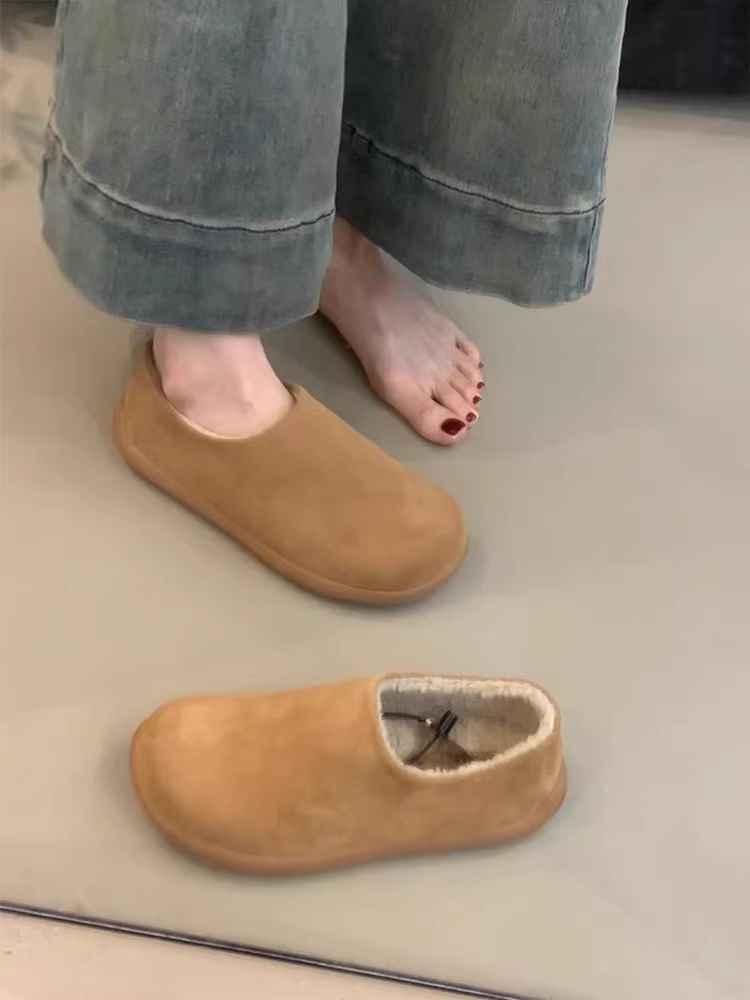 Phiên bản da bò ~ Giày kiểu Birkenstock đế mềm, dễ mang cho nữ, chất liệu da lộn đa năng, lông cừu, giày bông ấm áp