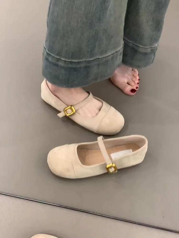 Phiên bản da cừu ~ Giày đế bằng phong cách đơn giản cổ điển dành cho nữ, mũi tròn, miệng nông, nhung lộn, giày Mary Jane quai đơn