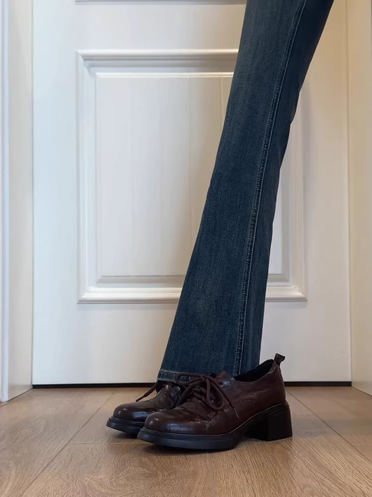 Phiên bản da bò ~ Giày lười da thật phong cách retro đơn giản dành cho nữ, buộc dây, đế dày, gót dày, phong cách preppy, giày da nhỏ thời trang đi làm