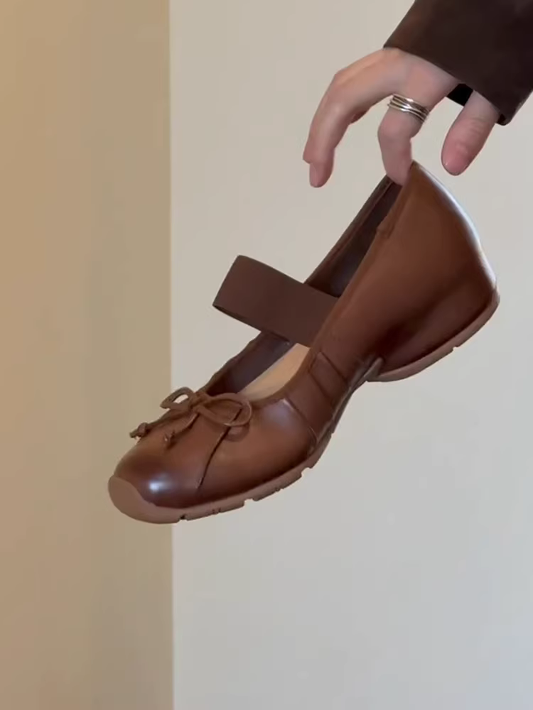 Phiên bản da cừu ~ Giày Mary Jane kiểu nơ dành cho nữ có độ tăng chiều cao ẩn, quai đơn, đế mềm, giày bệt màu đen đa năng