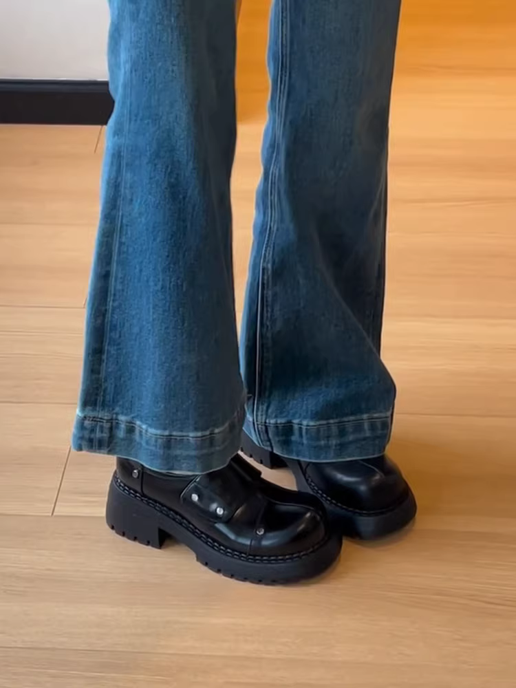 Phiên bản da cừu ~ Giày Derby dành cho nữ, giày lười đế dày cao cấp có khóa dán, giày da nhỏ kiểu Anh