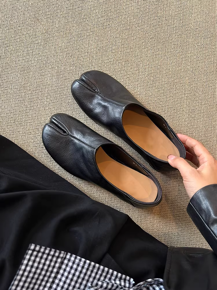 Phiên bản da cừu ~ Giày da thật xỏ ngón dành cho nữ, giày đế thấp da xước phong cách cổ điển, giày da nhỏ thời trang độc đáo.