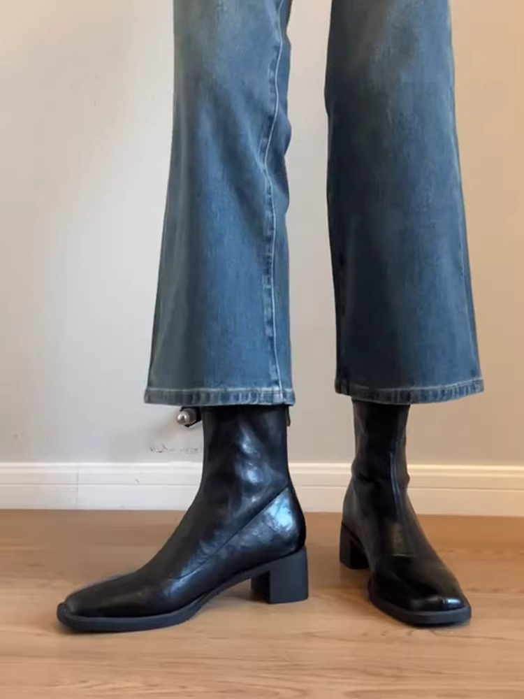 Phiên bản da bò ~ Giày bốt Martin có khóa kéo phía sau kiểu cổ điển dành cho nữ, giày bốt ôm sát mũi vuông bằng da thật đơn giản và đa năng