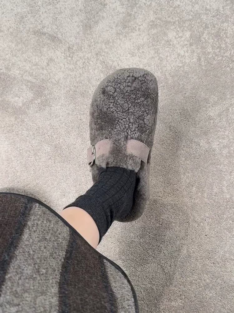Phiên bản da cừu ~ Giày Birkenstock lông màu xám cổ điển, áo khoác ngoài bằng len cừu, giày cotton mùa đông đế bằng ấm áp thoải mái dành cho nữ
