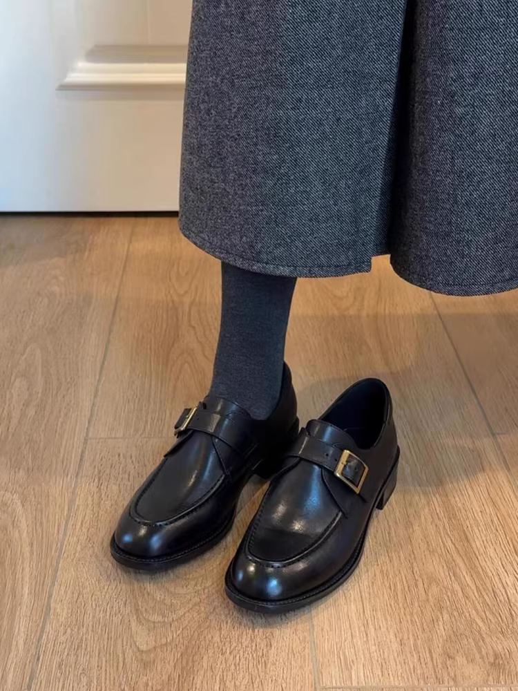 Phiên bản da cừu ~ Giày bệt đi làm dành cho nữ có khóa thắt lưng, giày lười da thật dành cho nữ, phong cách cổ điển, giày da nhỏ đa năng có gót thấp giúp thon gọn