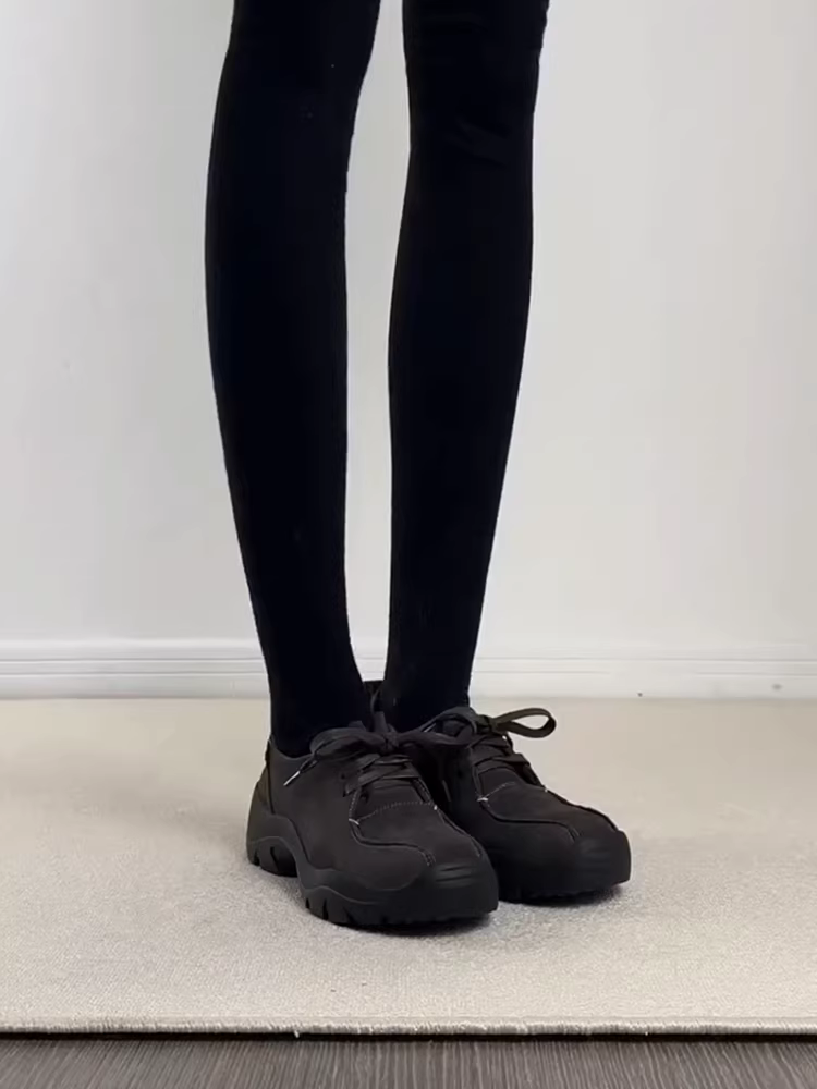 Phiên bản da cừu ~ Giày lười da thật đế dày kiểu cổ điển, mũi tròn, kiểu dáng giản dị dành cho nữ, giày da buộc dây đa năng, kiểu dáng sâu