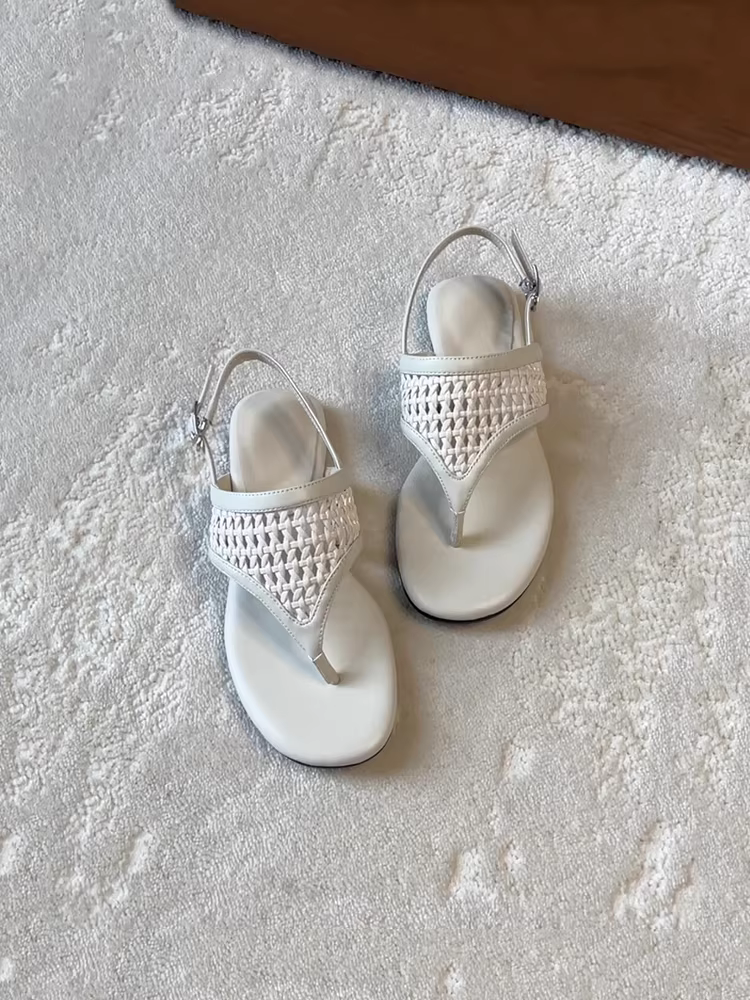 Phiên bản da cừu~ Dép lưới dệt tối giản kiểu Pháp dành cho nữ, kiểu hở mũi, mũi tròn, đế bằng, dép kiểu nghỉ dưỡng cho mùa hè.