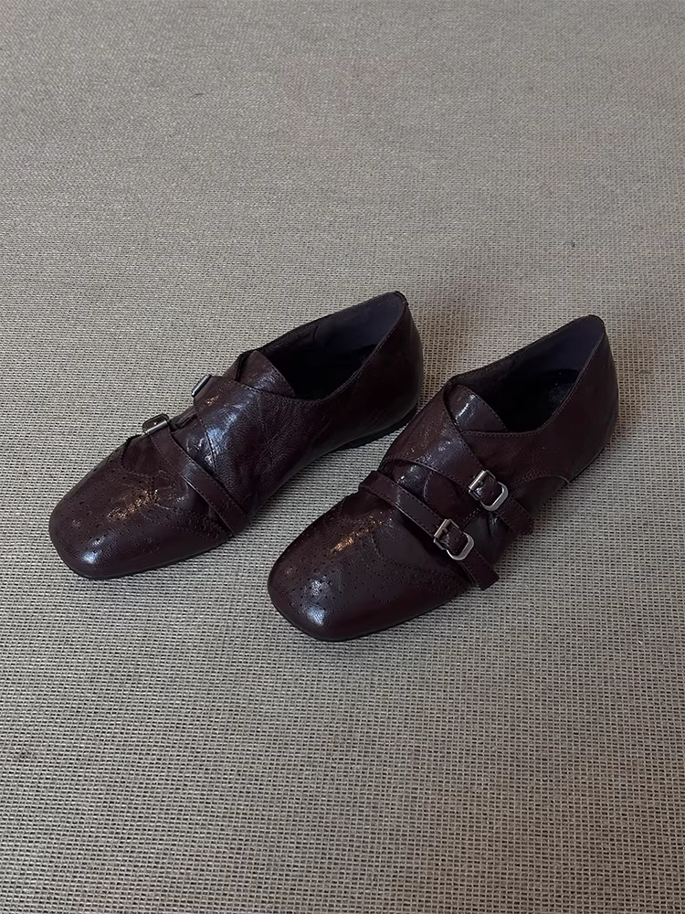 Phiên bản da cừu ~ Giày lười đế mềm thoải mái được chạm khắc thời trang dành cho nữ, giày da đế bằng mũi vuông kiểu brogue