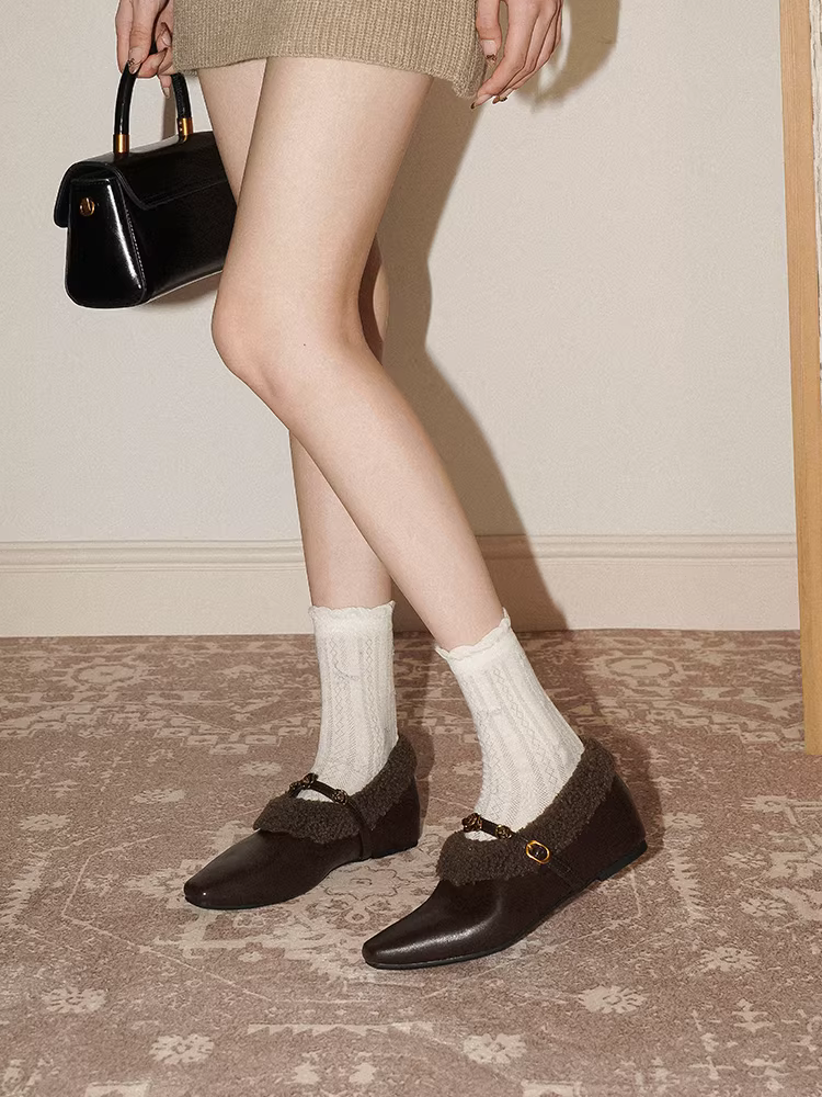 Pear Xiaoqi~ Giày đơn tăng chiều cao bằng da thật kiểu cổ điển dành cho nữ với mũi vuông hoa trà, giày Mary Jane thanh lịch và duyên dáng.