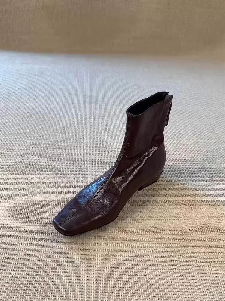 Phiên bản da bò~ Giày bốt ngắn da thật mũi vuông kiểu Pháp dành cho nữ có khóa kéo phía sau, gót thấp, thời trang, cao cấp, giày bốt thanh lịch, thanh lịch
