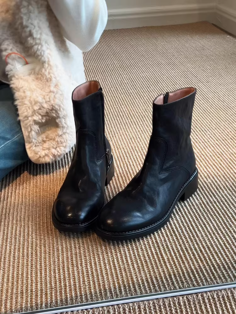 Phiên bản da bò ~ Giày bốt ngắn da thật đơn giản và thanh lịch dành cho nữ có khóa kéo bên hông, gót thấp, đa năng khi đi làm, bốt ôm dáng thời trang.