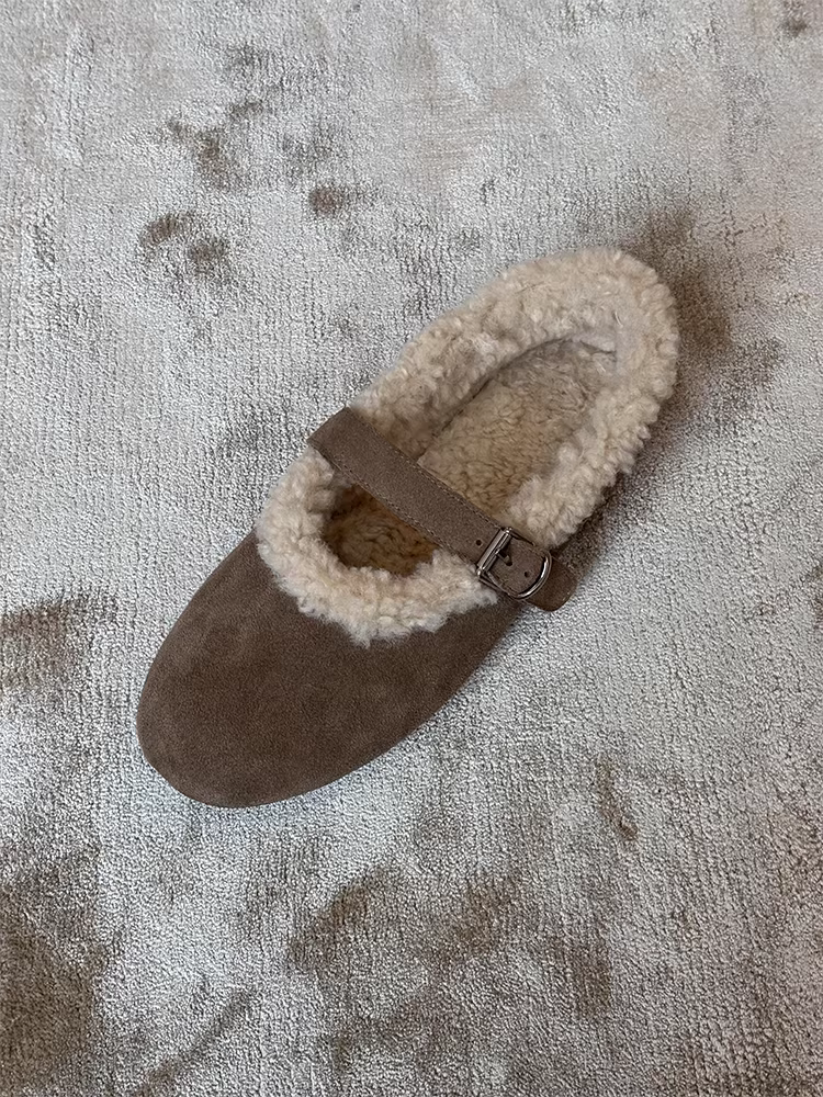 Phiên bản da cừu ~ Giày Mary Jane tối giản dành cho nữ, giày đế bằng mũi tròn bằng da lộn cổ điển có lớp lót lông mềm mại.