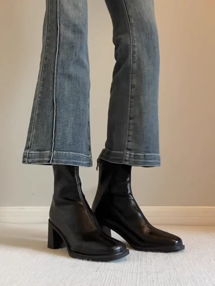 Phiên bản da bò ~ Giày bốt cổ ngắn cao gót bằng da thật tối giản dành cho nữ, kiểu cổ điển đa năng, gót dày êm ái, thoải mái đi làm, kiểu dáng thon gọn dành cho nữ