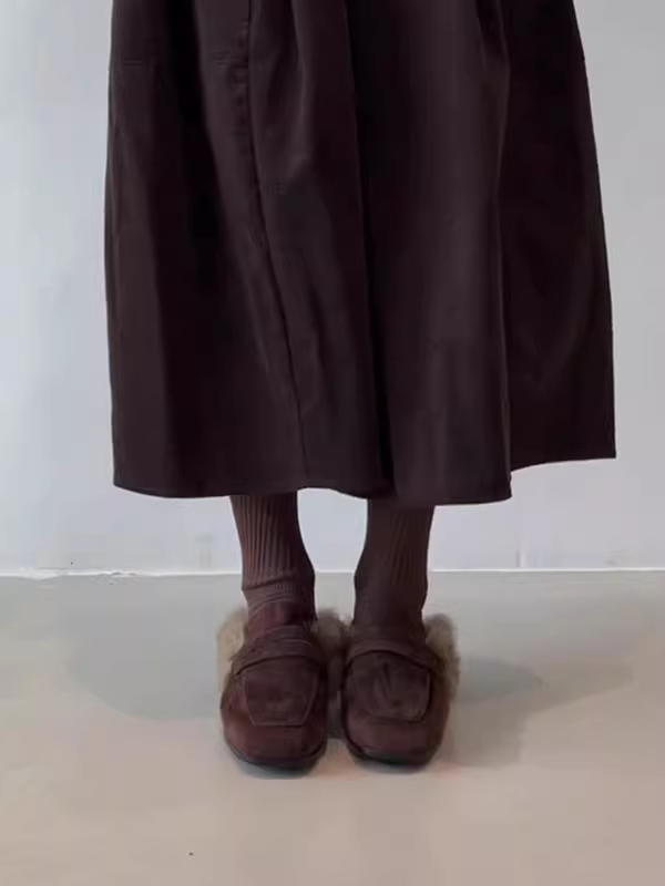 Phiên bản da bò ~ Giày lười mũi vuông kiểu dáng mới mùa thu đông Melard dành cho nữ, giày lông nhung sang trọng