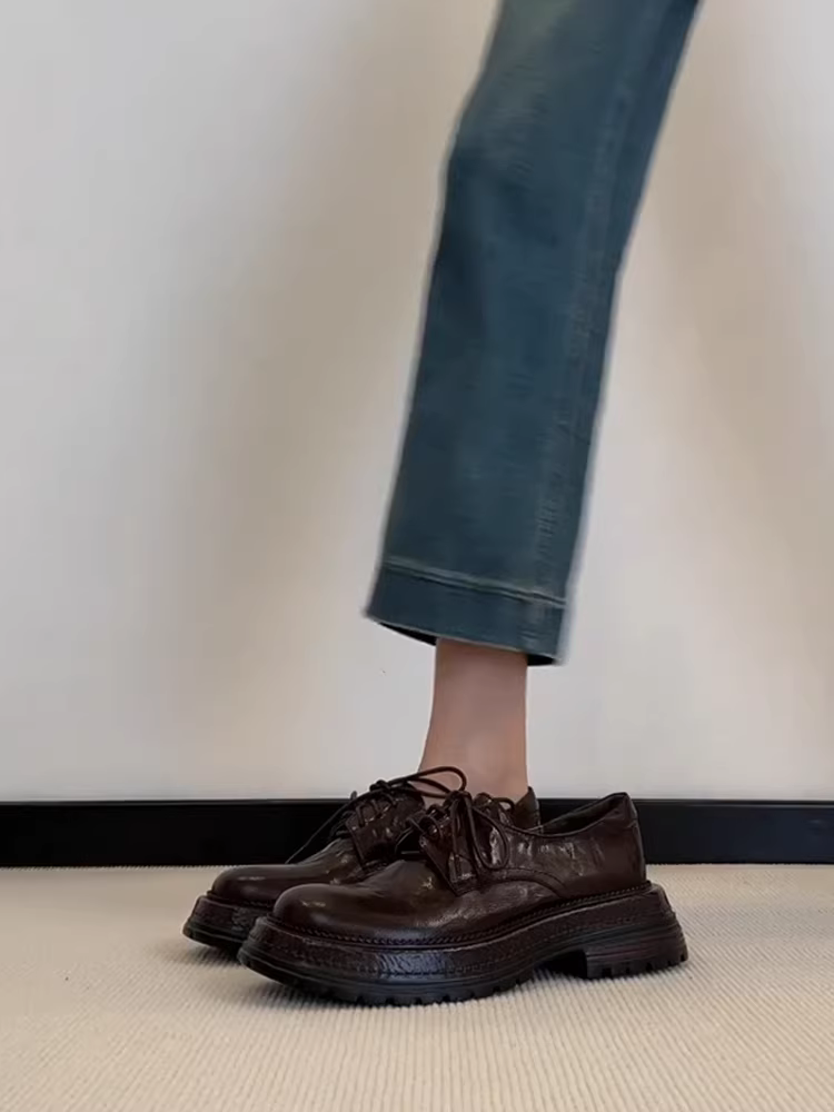 Phiên bản da cừu ~ Giày da nhỏ kiểu cổ điển dành cho nữ, giày đơn đế dày buộc dây cắt sâu, giày lười da thật đa năng mới
