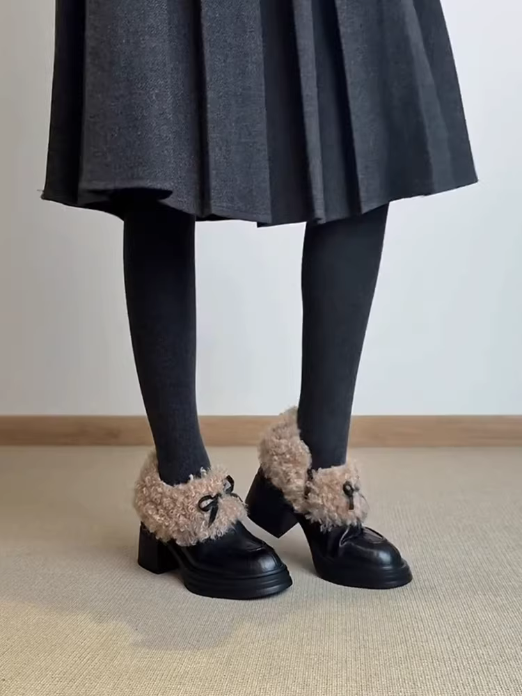 Phiên bản da cừu ~ Giày lười cổ sâu kiểu Pháp dành cho nữ, da thật, đế dày, gót dày, khóa kéo bên hông, giày lông xù kiểu slip-on