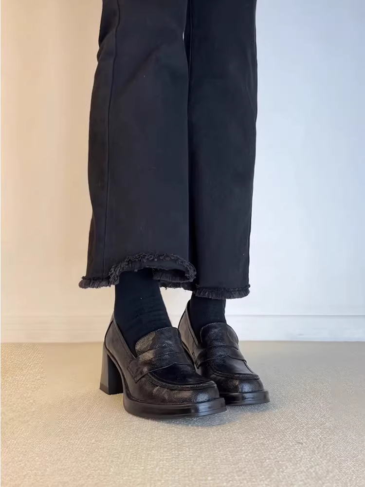 Phiên bản da cừu ~ Giày lười da thật dành cho nữ, giày lười màu đen cổ điển, giày cao gót thanh lịch để đi làm, giày da nhỏ đa năng