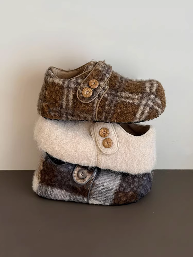 Phiên bản da bò ~ giày Birkenstock tăng chiều cao thời trang dành cho phụ nữ nhỏ nhắn, giày đơn đế tròn bằng len độc đáo có khóa dán