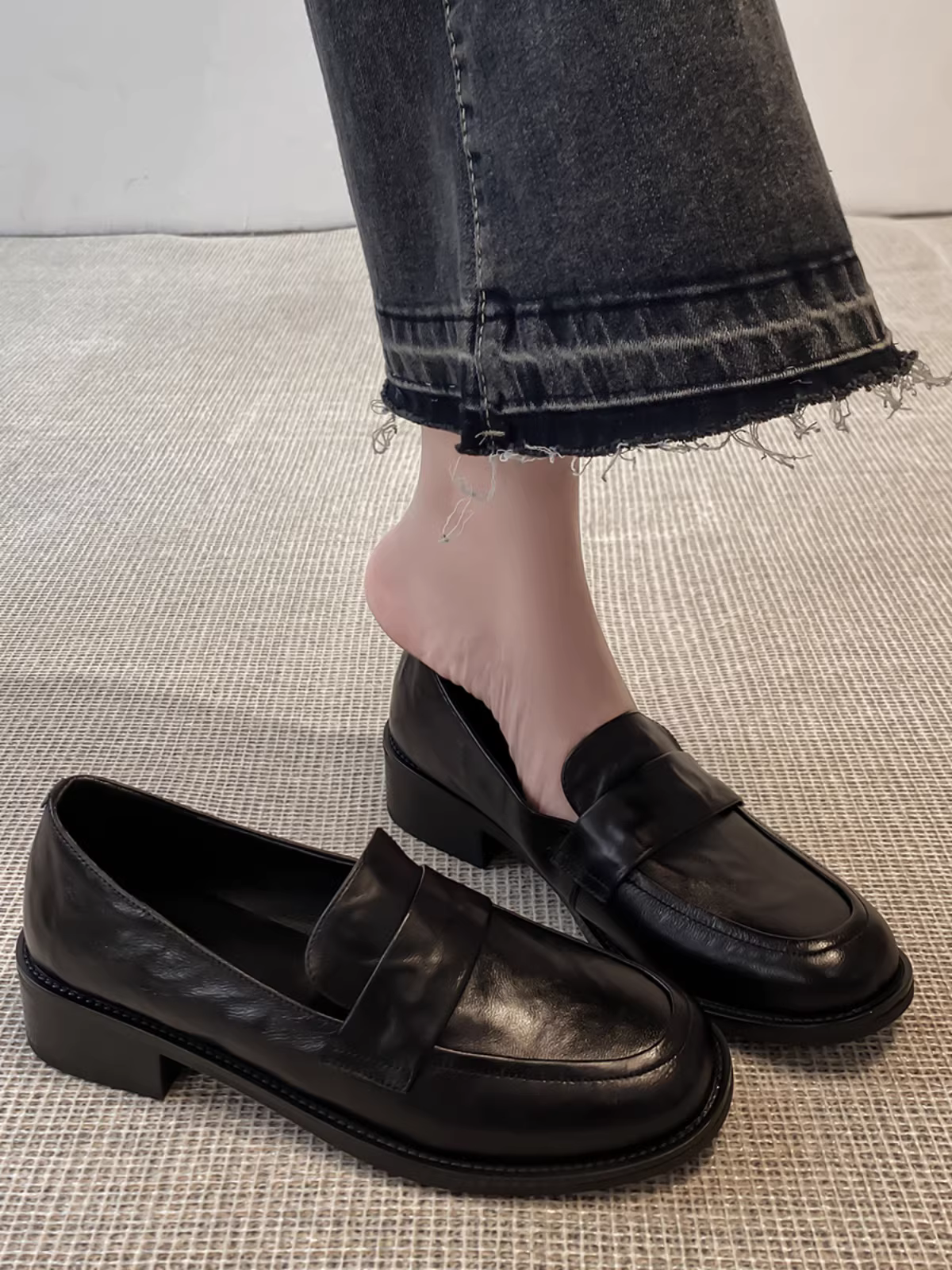 Pear Xiaoqi~ Giày lười da thật xếp ly kiểu cổ điển dành cho nữ, giày da nhỏ kiểu Anh, giày đế bằng.