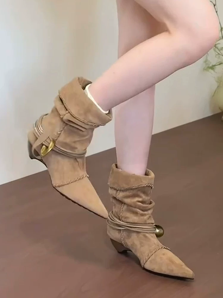Phiên bản da bò ~ Thiết kế đa năng với gót dày, bốt kiểu Tây dành cho nữ, dệt, độc đáo, có thể mang hai kiểu, có thể gấp gọn, xếp ly, bốt xếp tầng.