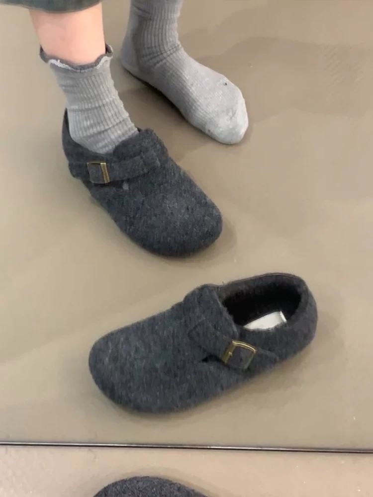 Phiên bản da cừu ~ Giày Birkenstock bọc toàn bộ bằng lông cừu kiểu mới dành cho nữ, giày cotton ấm áp đế phẳng kiểu cổ điển, giày đơn thoải mái, thời trang và giản dị.