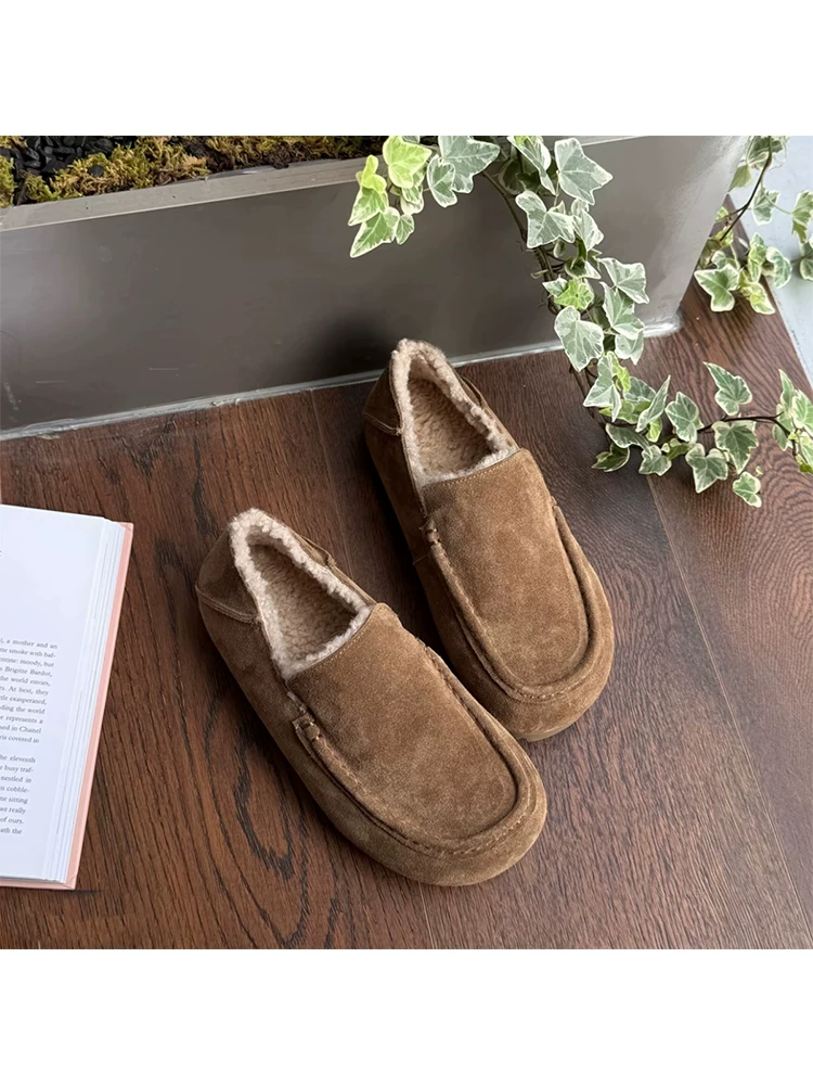 Phiên bản da cừu ~ Giày Birkenstock kiểu lười dành cho nữ, giày da lộn đế dày đơn giản, thích hợp cho mùa thu đông, giày cotton lót lông cừu ấm áp