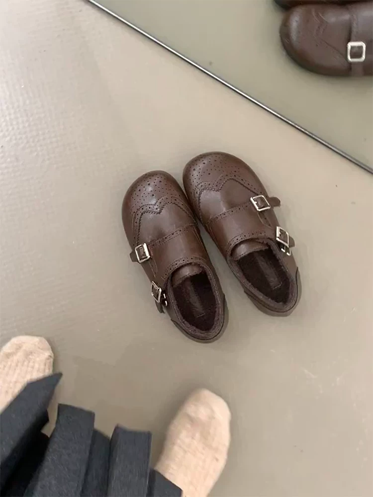 Phiên bản da cừu ~ Giày lười da thật phong cách cổ điển dành cho nữ với quai khóa đôi, kiểu dáng khoét sâu, lót lông cừu, giày da đế bằng kiểu lười