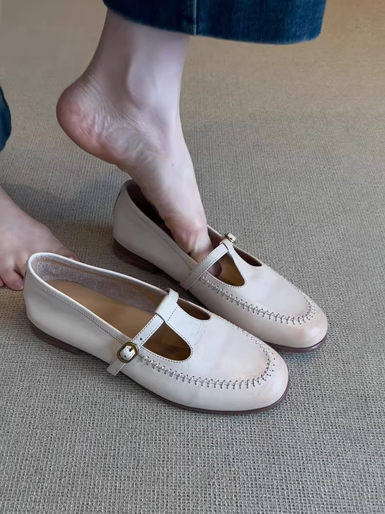 Phiên bản da cừu ~ Giày lười Mary Jane đế bằng bằng da mềm phong cách retro đơn giản, thoải mái dành cho nữ, giày mũi tròn đa năng, dễ mang