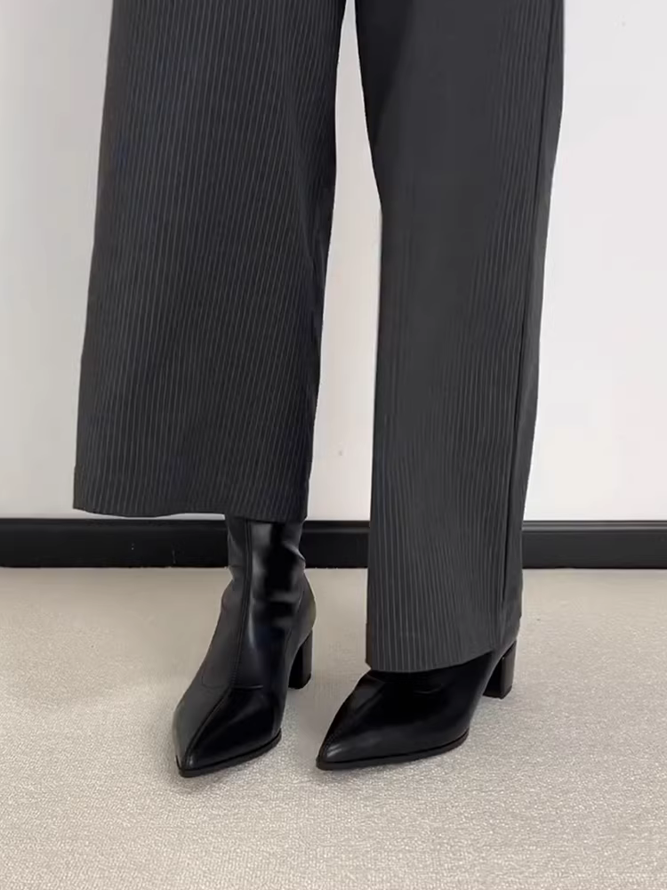 Phiên bản da cừu ~ Giày bốt ngắn có khóa kéo phía sau bằng da thật kiểu Anh kiểu Pháp dành cho nữ, mũi nhọn, giày bốt dáng ôm thanh lịch và thời trang