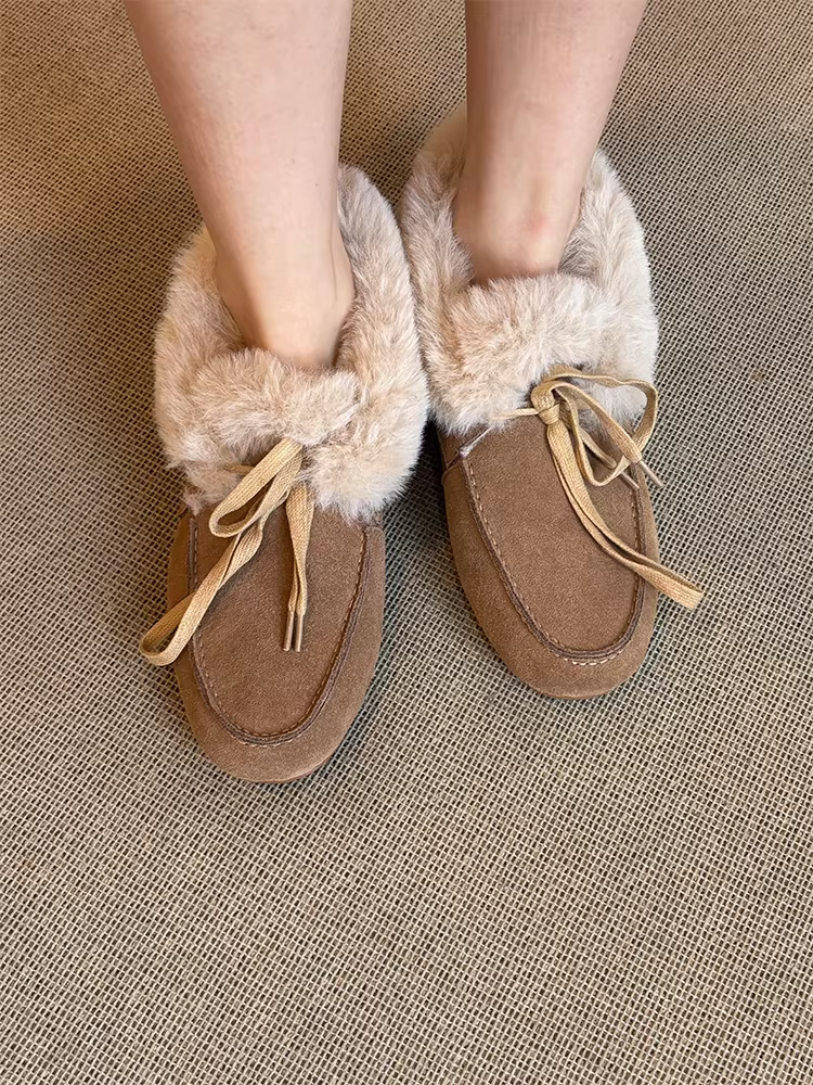 Phiên bản da cừu ~ Giày lông mềm mại mùa đông dành cho nữ có nơ, giày lười bằng da lộn đế bằng thoải mái và ấm áp