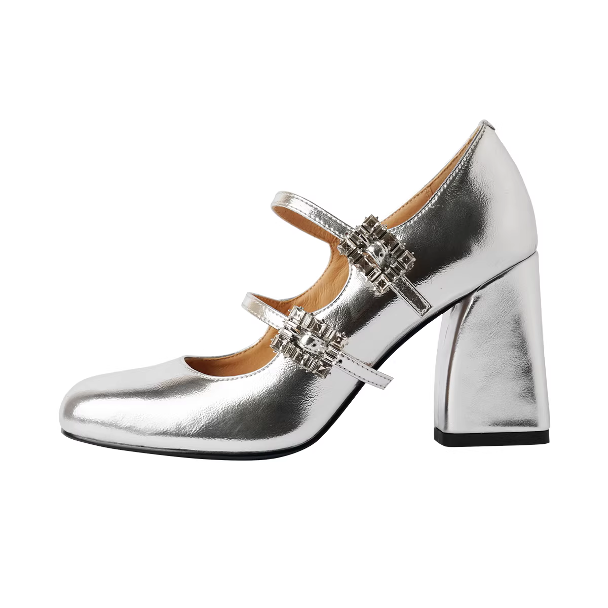 Pear Little Seven~ Giày cao gót kiểu Pháp màu bạc dành cho nữ có quai đính đá, giày Mary Jane, mũi vuông, gót thô, giày đế thấp, kiểu dáng ins.