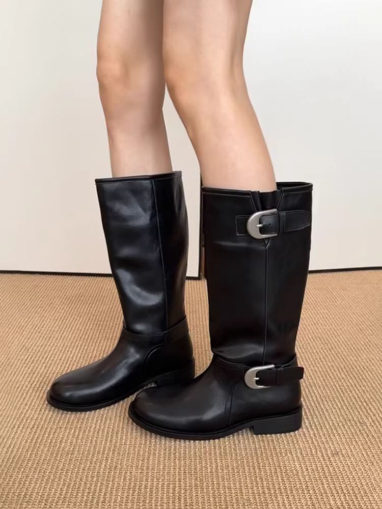 Phiên bản da bò ~ Giày bốt cưỡi ngựa đế dày ống rộng bằng da thật dành cho nữ, phong cách Anh quốc, cổ điển, tôn dáng, có khóa thắt lưng, bốt dài qua đầu gối