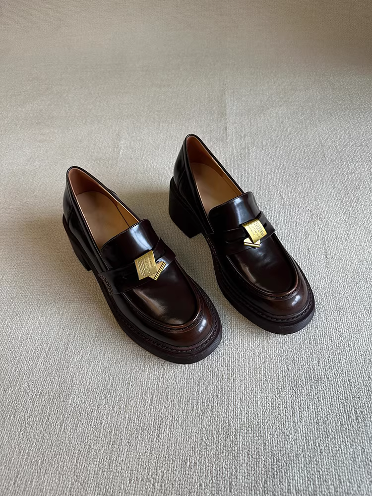 Phiên bản da cừu ~ Giày lười da thật kiểu retro bằng kim loại dành cho nữ, giày đế dày đế dày đa năng, giày da nhỏ đi làm