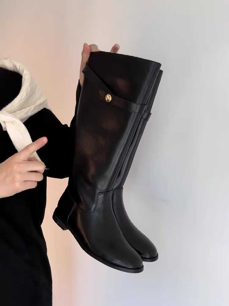 Phiên bản da bò ~ Giày bốt cao cổ da thật có khóa thắt lưng đa năng dành cho nữ, giày bốt cưỡi ngựa cao quá đầu gối màu đen cổ điển mũi tròn giúp thon gọn
