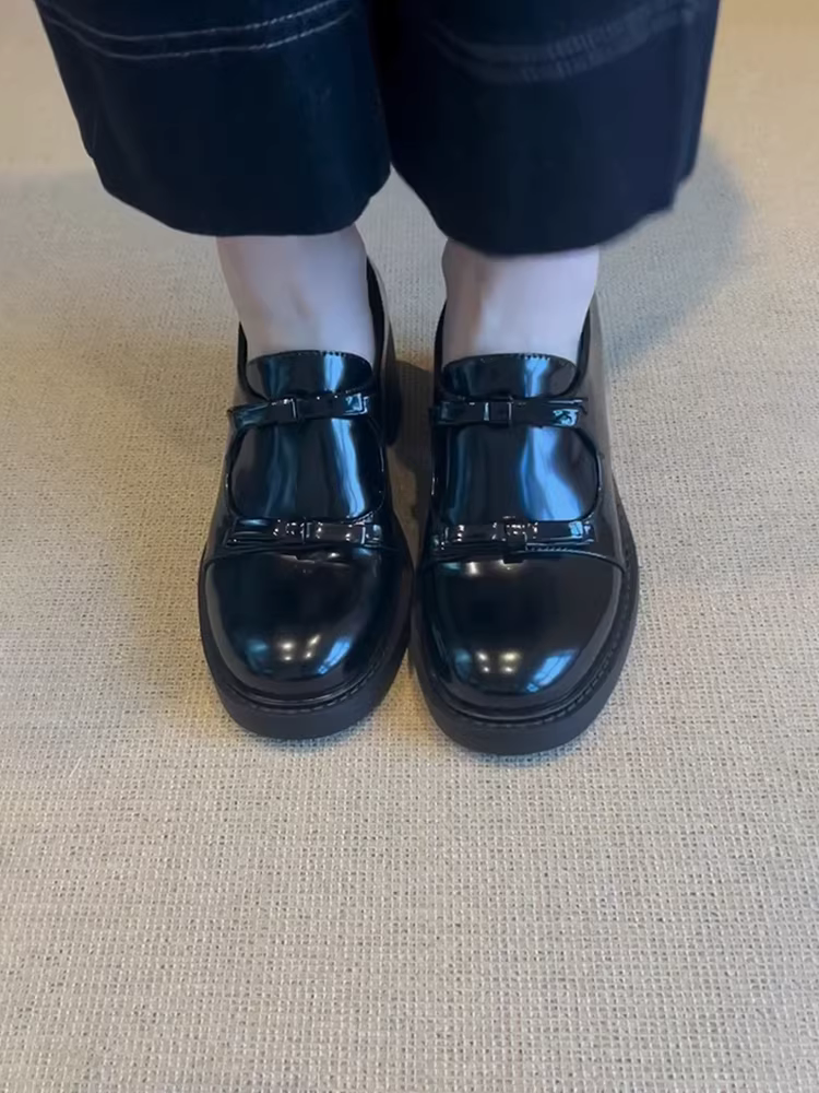 Phiên bản da cừu ~ Giày lười cao gót bằng da sáng chế dành cho nữ, giày đơn gót nhọn thắt nơ thanh lịch kiểu Pháp, giày da đen phong cách Anh