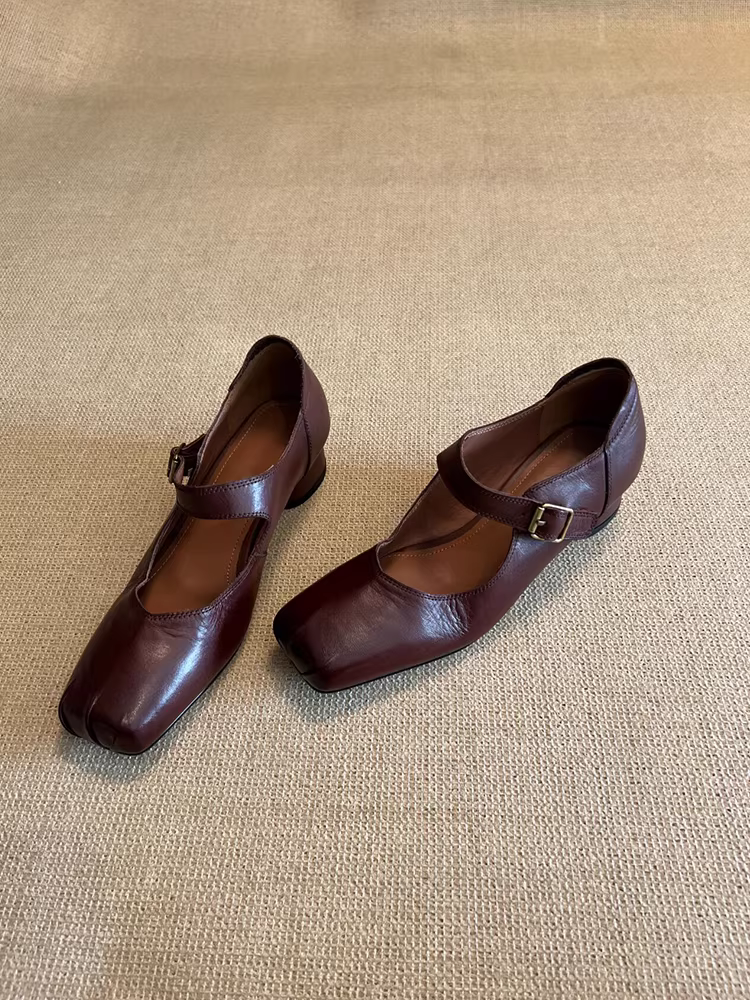 Phiên bản da cừu ~ giày da nhỏ mũi vuông kiểu cổ điển mũi lợn phong cách Anh Quốc giày Mary Jane gót dày kiểu Anh giày bệt nữ