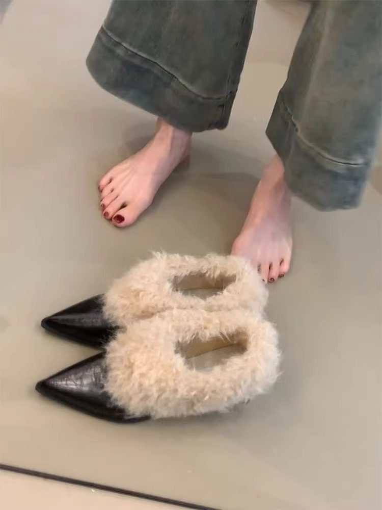 Phiên bản da cừu ~ Giày cao gót mũi nhọn thanh lịch, tôn dáng, lông xù dành cho nữ, kiểu lười, đơn giản, thanh lịch, thời trang, hợp xu hướng.