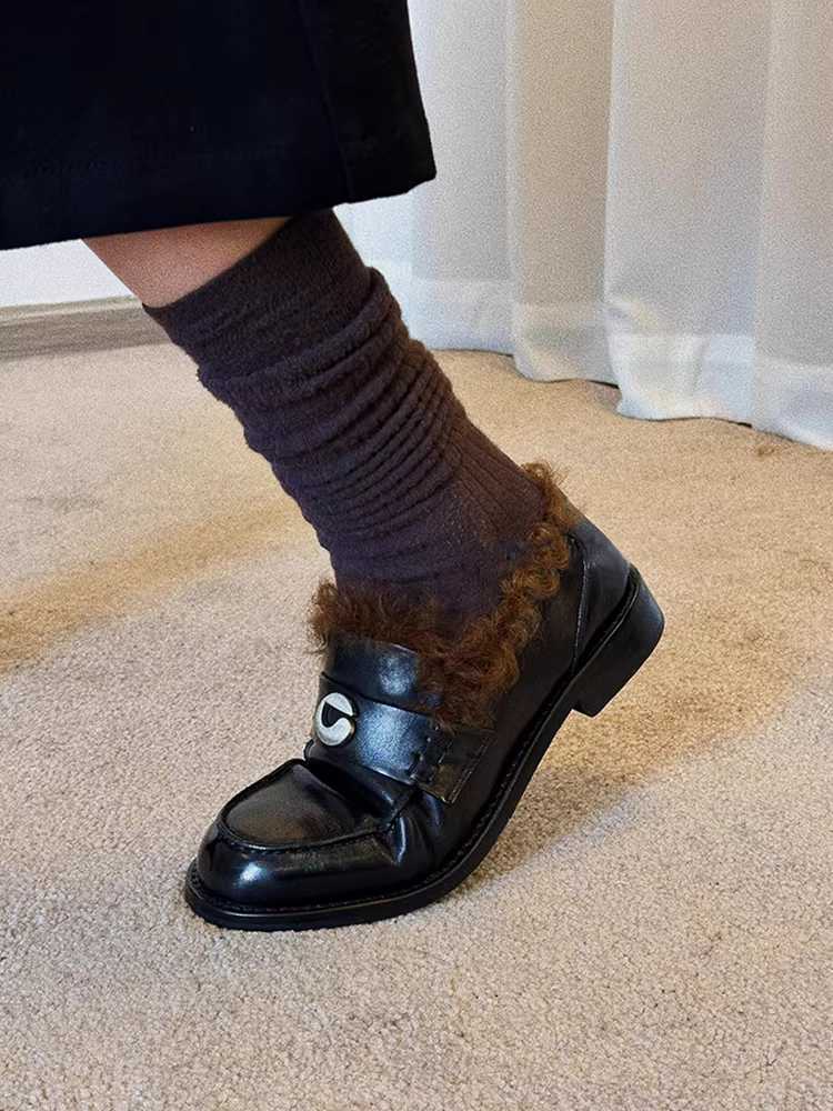 Phiên bản da cừu ~ giày lười da thật phong cách cổ điển sang trọng dành cho nữ, giày lông màu đen đa năng, giày da nhỏ, giày da thấp gót