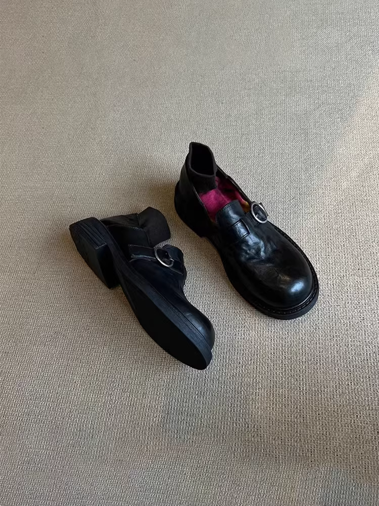 Phiên bản da cừu ~ Giày lười da thật phong cách Anh quốc được giặt theo kiểu cổ điển dành cho nữ, giày đa năng kiểu dáng tròn, giày da nhỏ kiểu JK