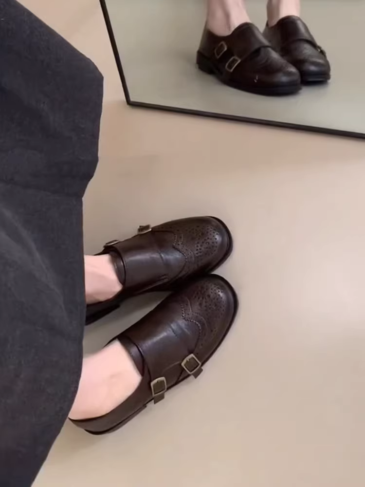 Phiên bản da cừu ~ Giày lười đế thấp bằng da thật phong cách Anh dành cho nữ, giày da nhỏ kiểu cổ điển có khóa trượt kiểu brogue