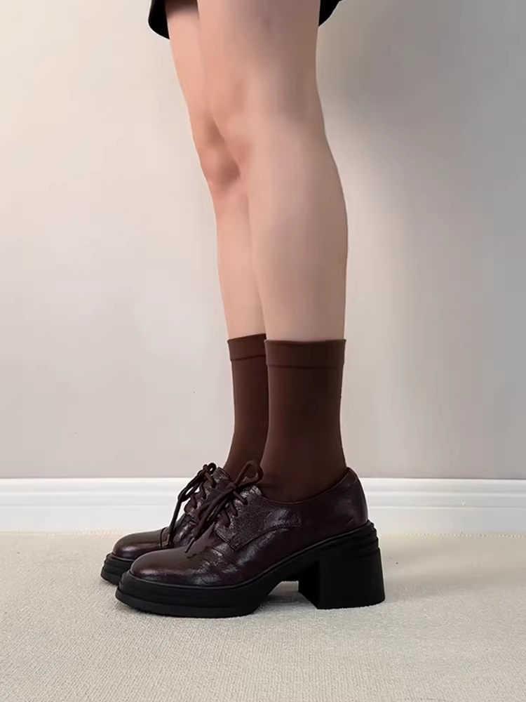 Phiên bản da cừu ~ Giày da đi làm có dây buộc kiểu Anh dành cho nữ, giày cao gót đế dày chống thấm nước, giày lười cổ điển