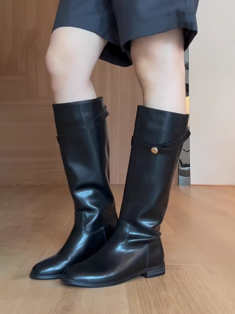 Phiên bản da bò ~ Giày bốt cao cổ da thật có khóa thắt lưng đa năng dành cho nữ, giày bốt cưỡi ngựa cao quá đầu gối màu đen cổ điển mũi tròn giúp thon gọn