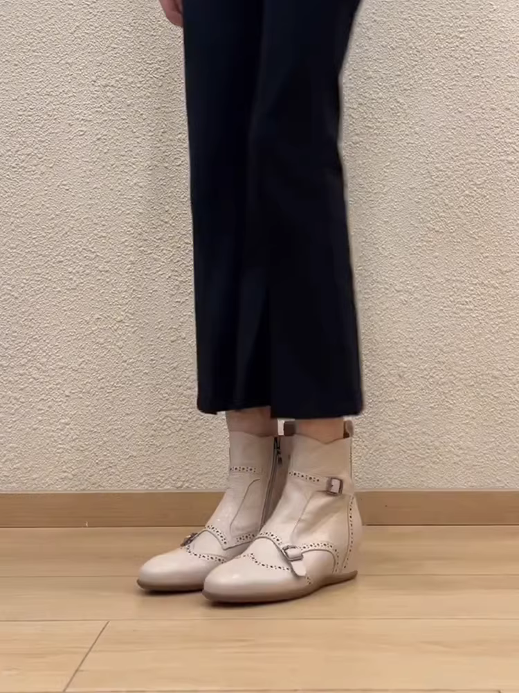 Phiên bản da bò ~ Giày bốt cổ ngắn tăng chiều cao bằng da thật kiểu Pháp dành cho nữ, giày bốt mỏng có khóa kéo bên hông thời trang độc đáo