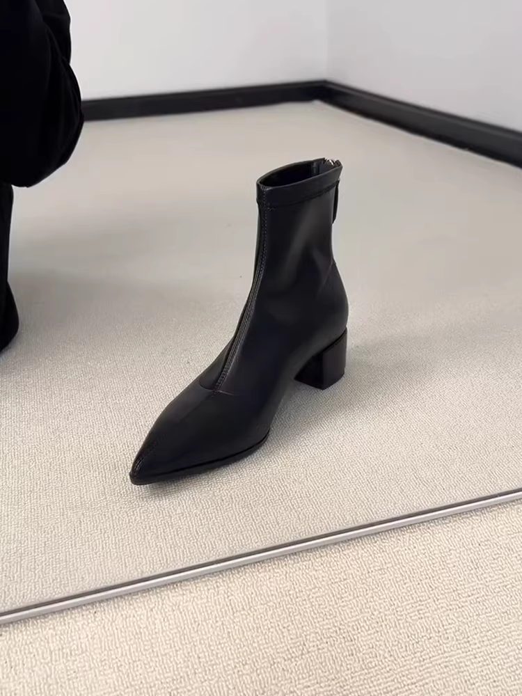 Phiên bản da cừu ~ Giày bốt ngắn có khóa kéo phía sau bằng da thật kiểu Anh kiểu Pháp dành cho nữ, mũi nhọn, giày bốt dáng ôm thanh lịch và thời trang