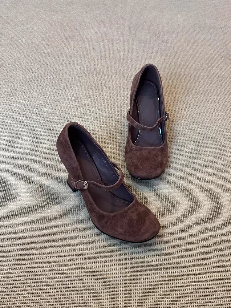 Phiên bản da cừu ~ Giày cao gót mũi tròn mới dành cho nữ, giày Mary Jane đơn giản có quai đơn, giày đế bằng da lộn cổ điển dành cho nữ