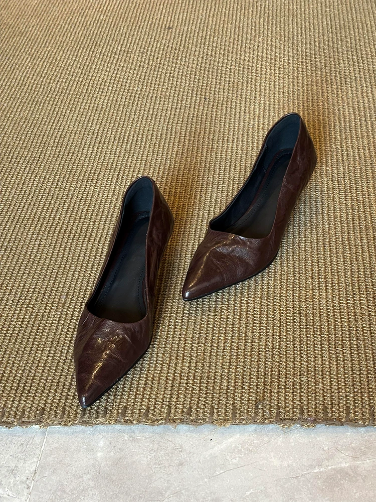 Phiên bản da cừu ~ Giày cao gót nông phong cách tối giản dành cho nữ, giày da thật kiểu dáng cổ điển thanh lịch, giày công sở chuyên nghiệp đi làm