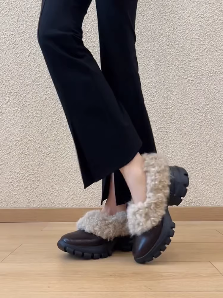 Phiên bản da cừu ~ Giày lông đế dày thời trang đi làm dành cho phụ nữ nhỏ nhắn, giày da thật kiểu dáng đơn giản, giày cotton da thật.